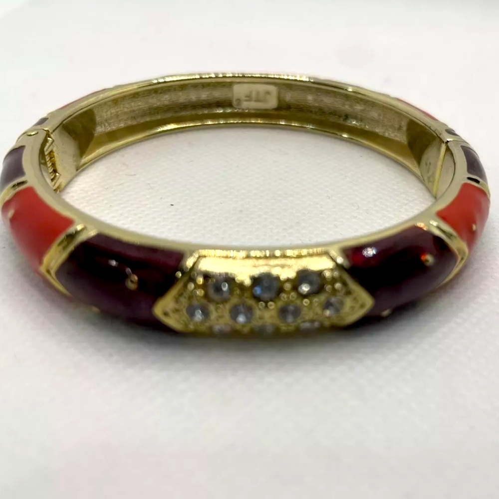 JTF Hinged‎ Bangle Bracelet Orange Maroon Gold with Rhinestones Boho chic